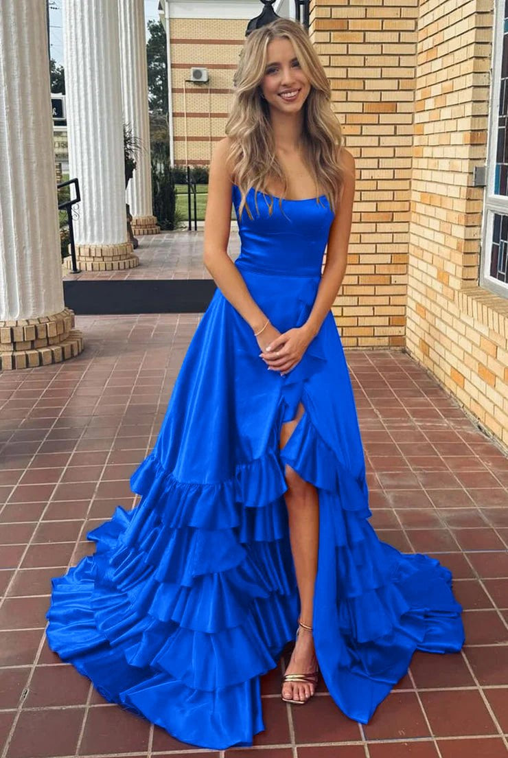 Aldrich | Scoop Neck A Line Lace-Up Ruffle Tiered Red Prom Dress with Slit