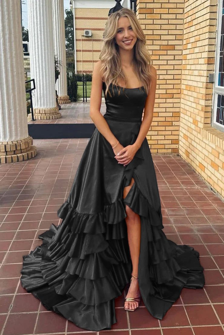 Aldrich | Scoop Neck A Line Lace-Up Ruffle Tiered Red Prom Dress with Slit