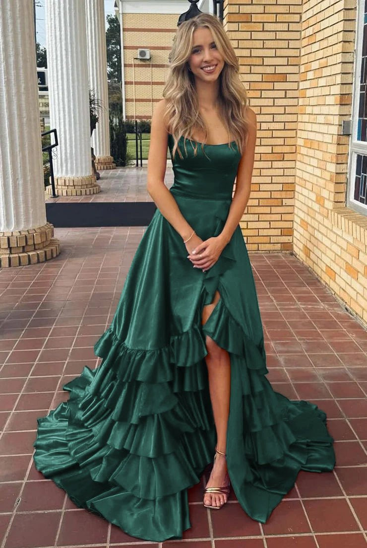 Aldrich | Scoop Neck A Line Lace-Up Ruffle Tiered Red Prom Dress with Slit