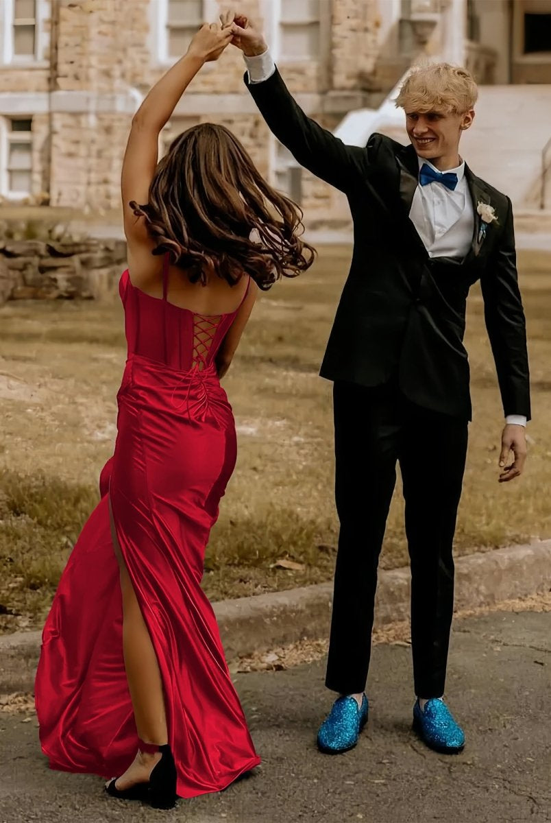 Alexia | Blue Satin Mermaid Long Formal Dress with Slit