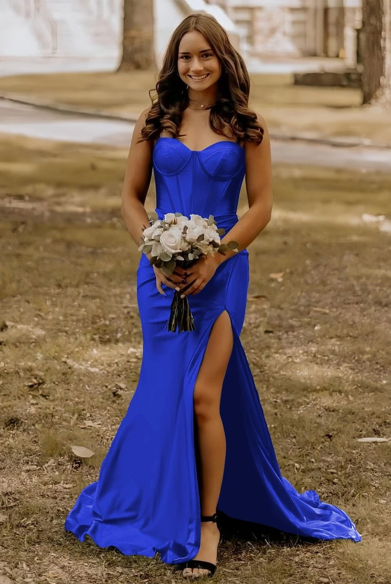 Alexia | Blue Satin Mermaid Long Formal Dress with Slit