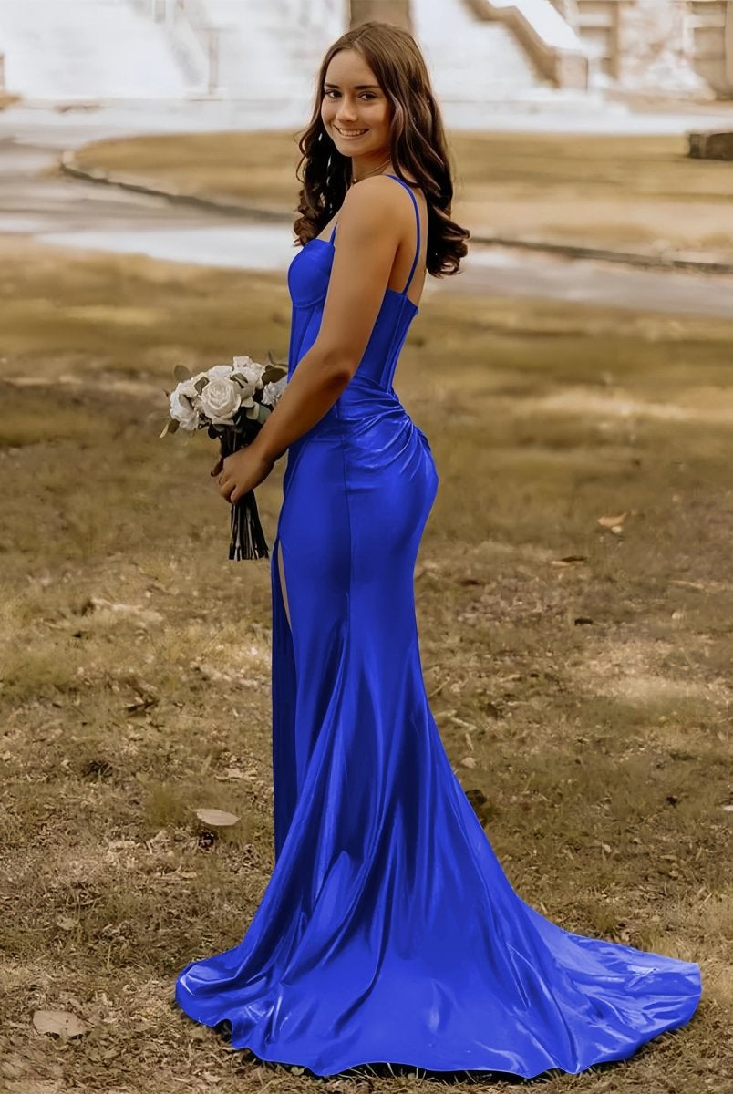 Alexia | Blue Satin Mermaid Long Formal Dress with Slit
