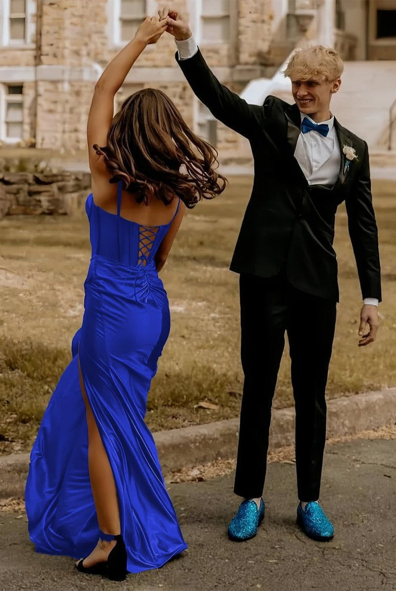 Alexia | Blue Satin Mermaid Long Formal Dress with Slit