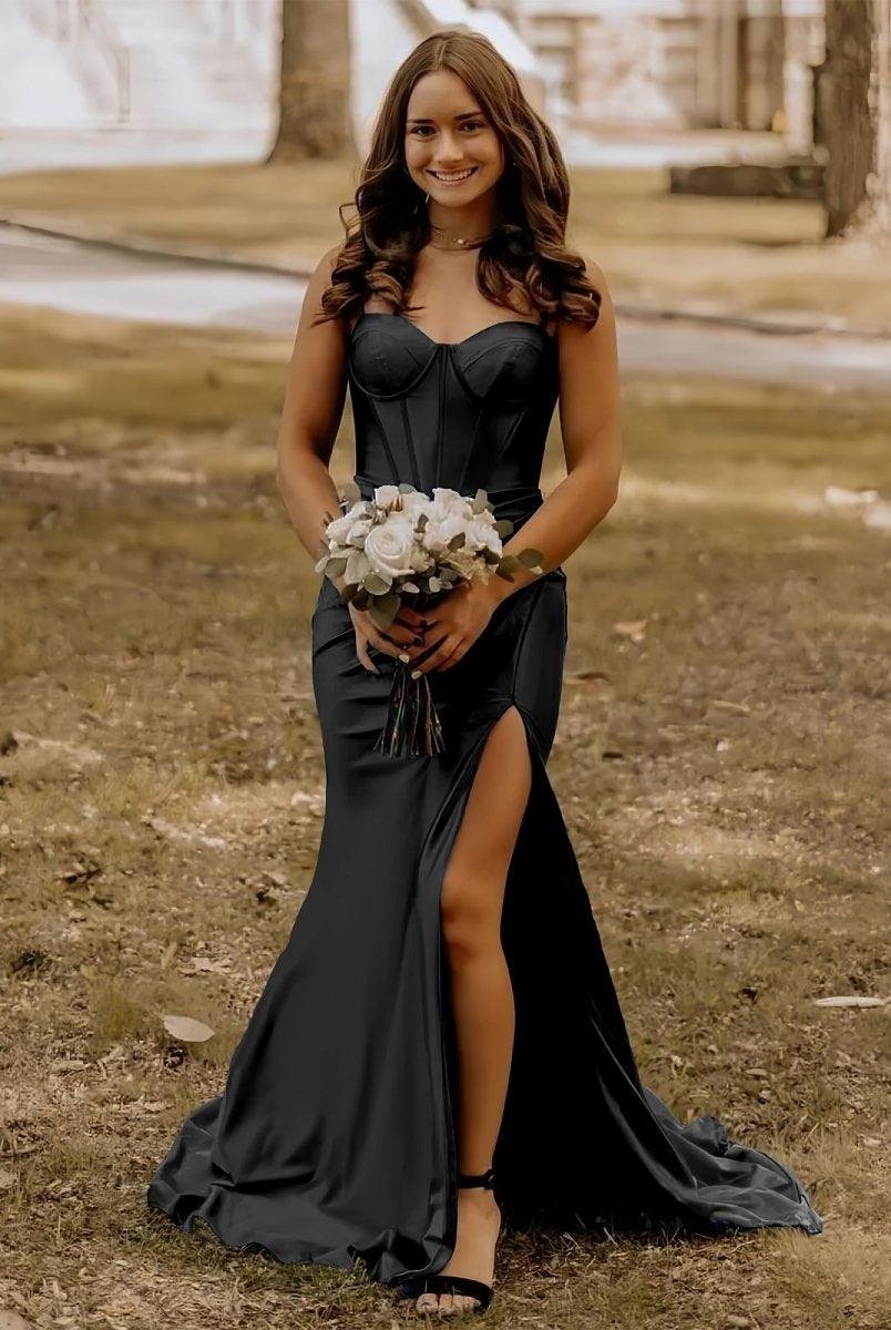 Alexia | Blue Satin Mermaid Long Formal Dress with Slit