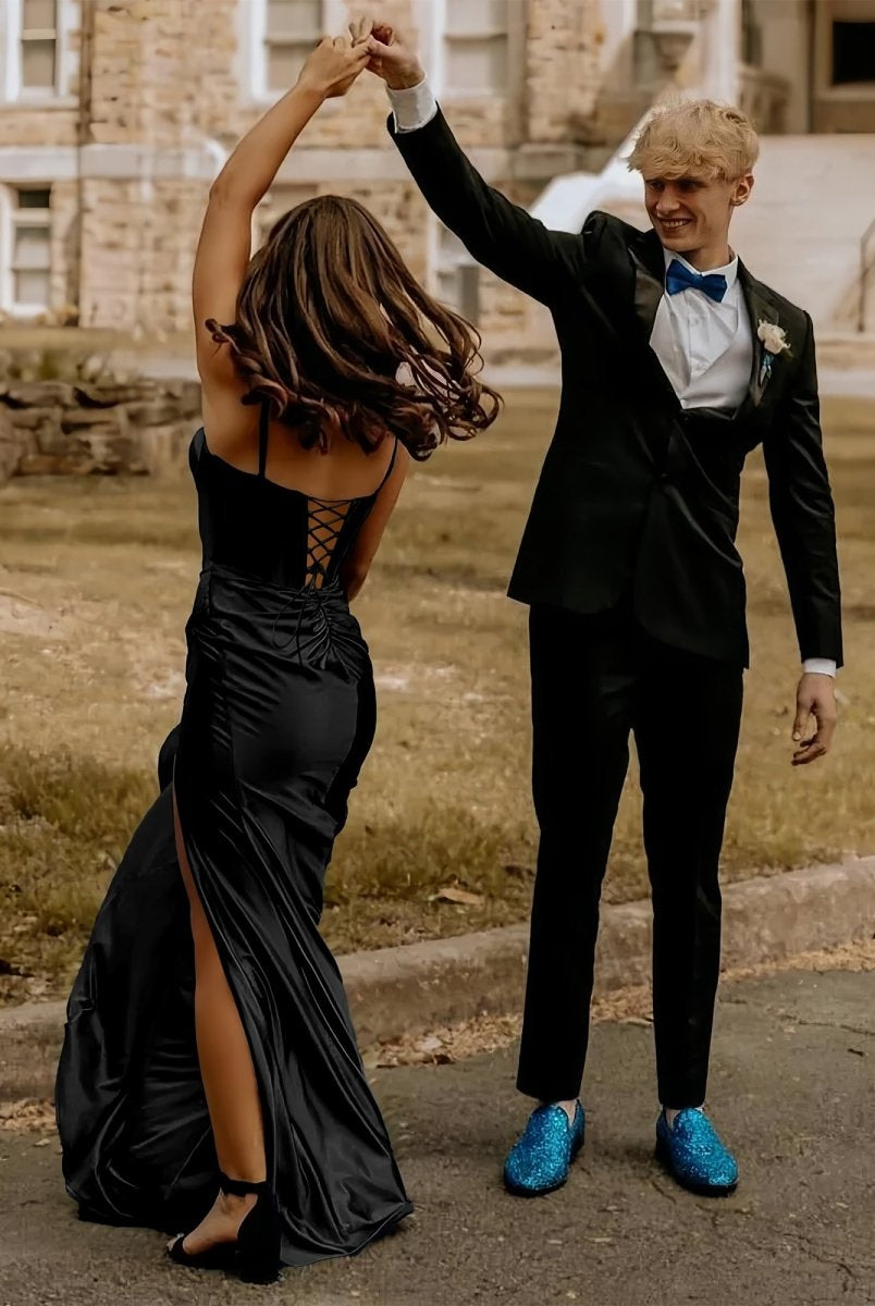 Alexia | Blue Satin Mermaid Long Formal Dress with Slit