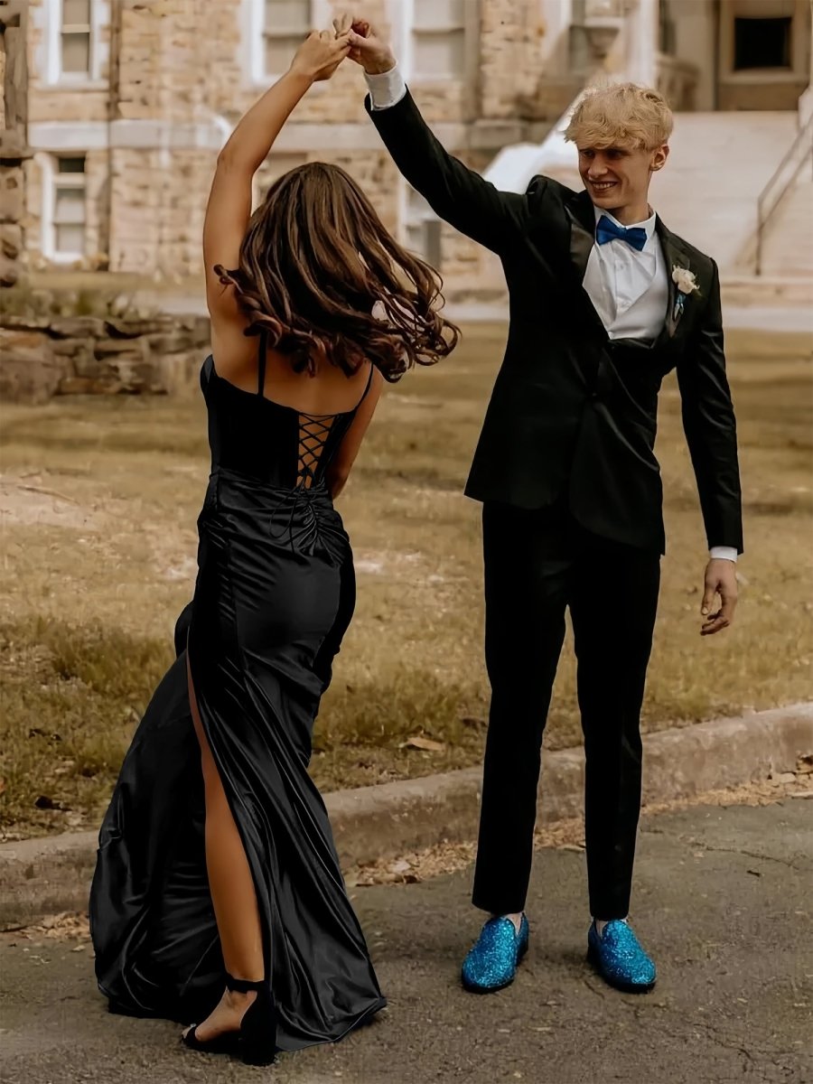 Alexia | Blue Satin Mermaid Long Formal Dress with Slit