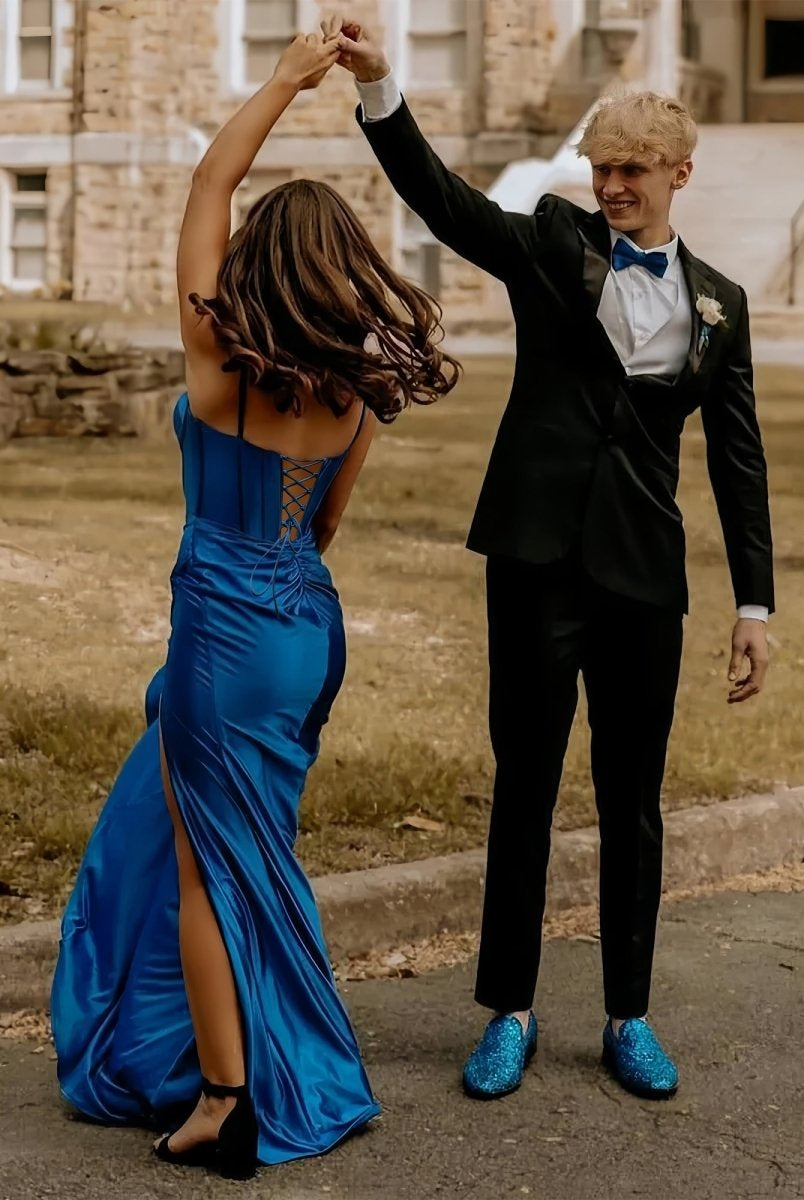 Alexia | Blue Satin Mermaid Long Formal Dress with Slit