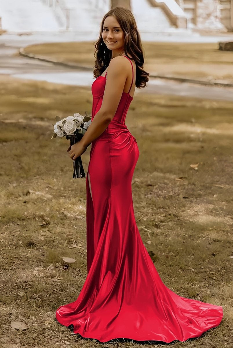 Alexia | Blue Satin Mermaid Long Formal Dress with Slit