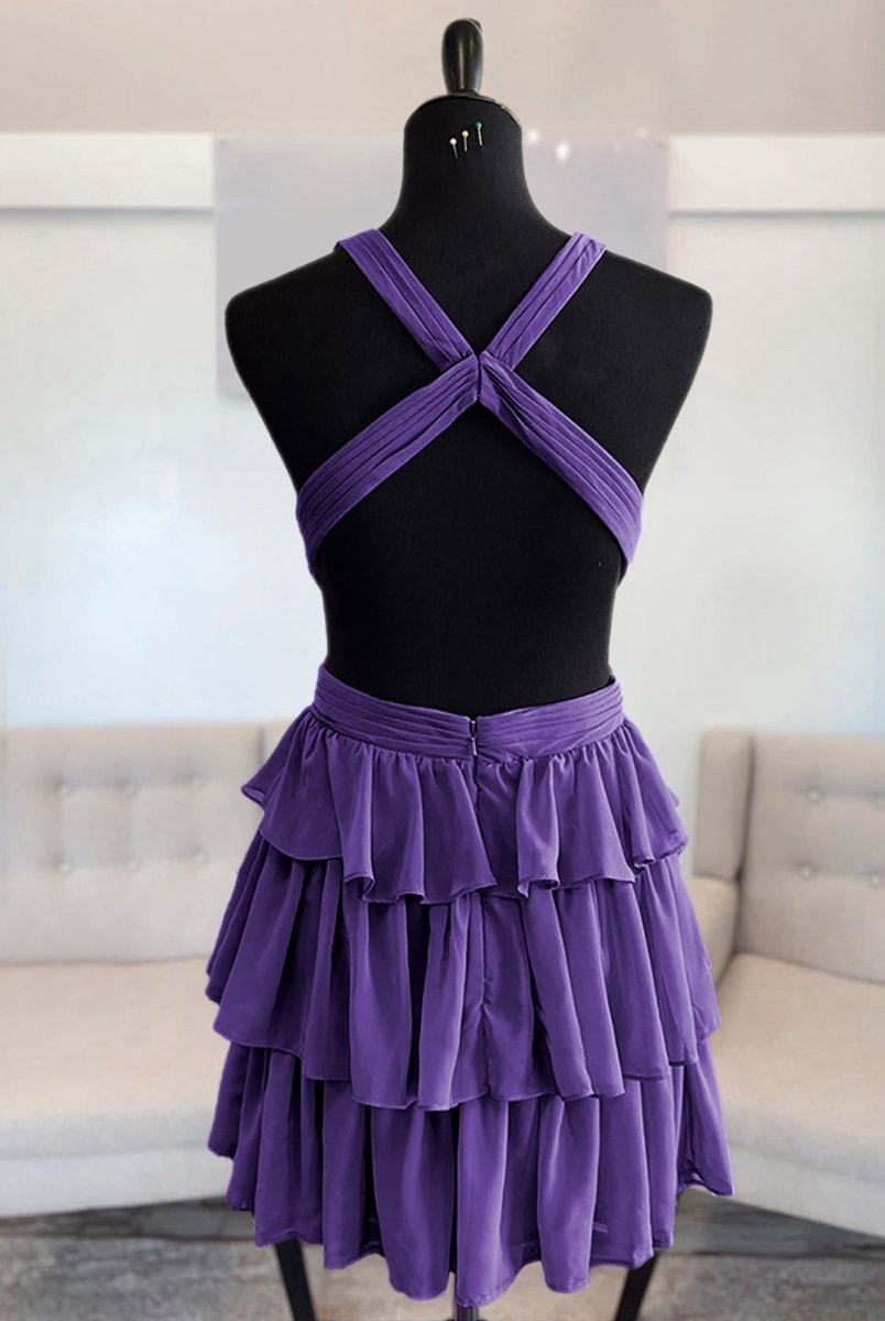Alia | Purple - V Neck A Line Tiered Chiffon Homecoming Dresses With Cut Out