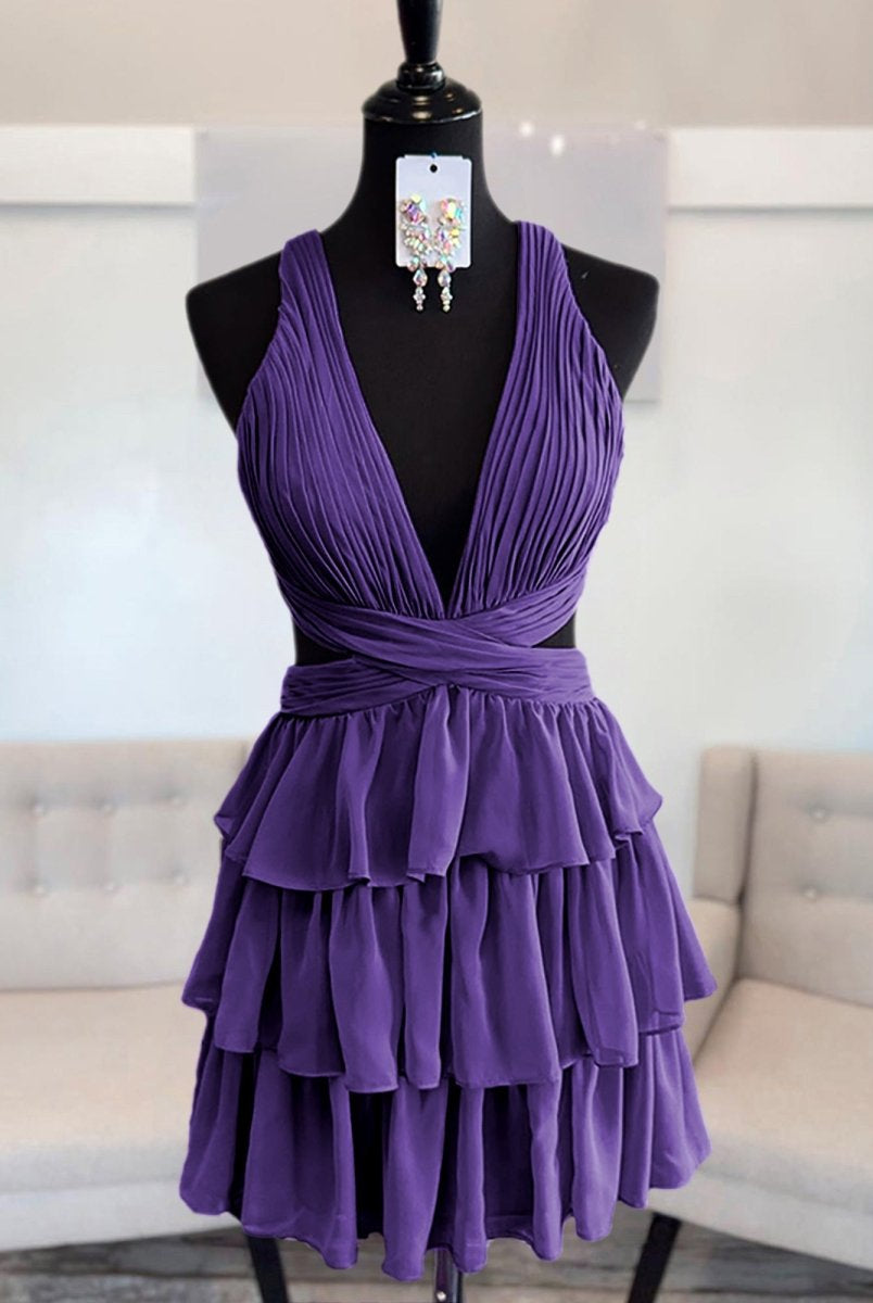 Alia | Purple - V Neck A Line Tiered Chiffon Homecoming Dresses With Cut Out