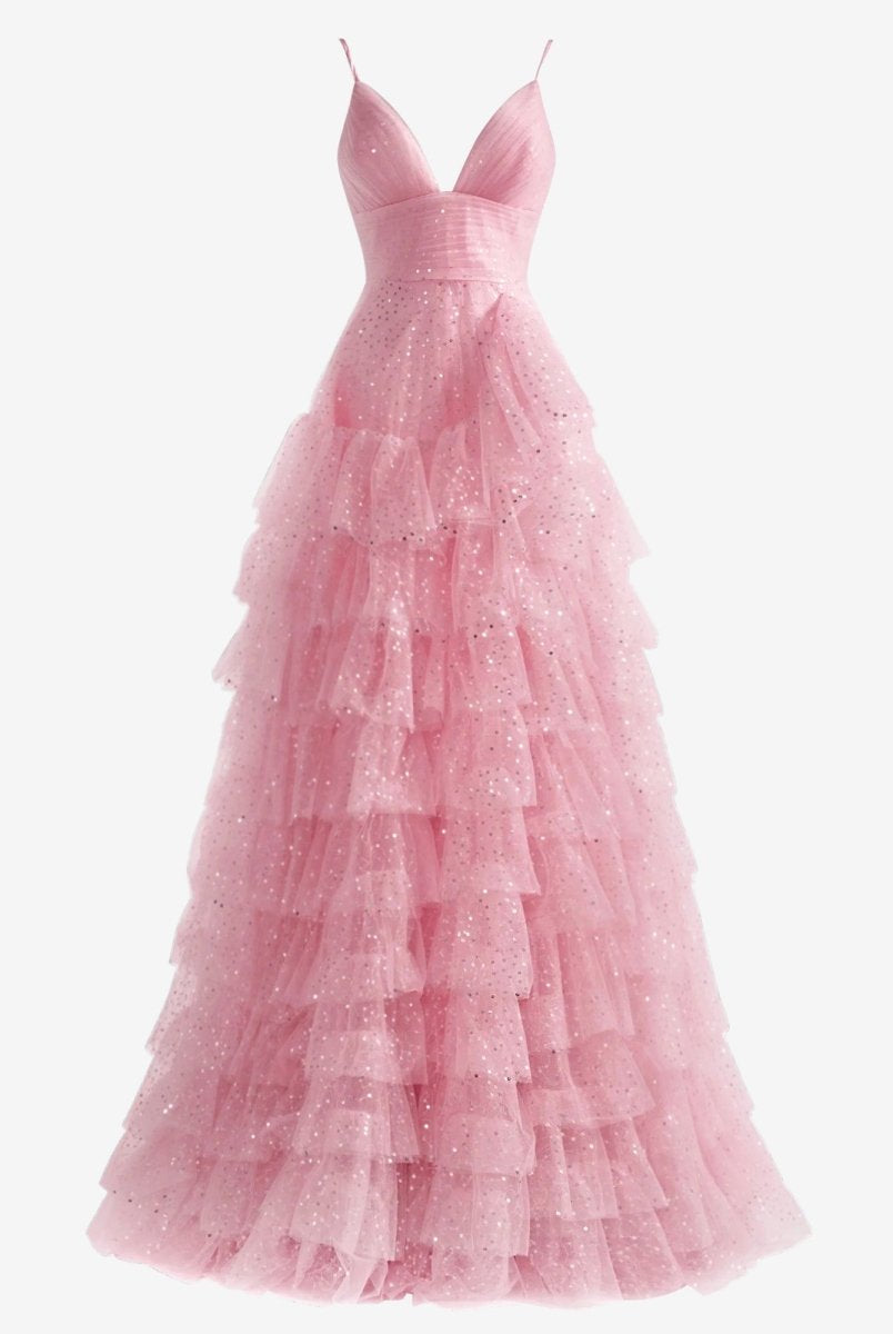 Alianna | Light Pink A-Line Tiered Spaghetti Straps Tulle Prom Dress