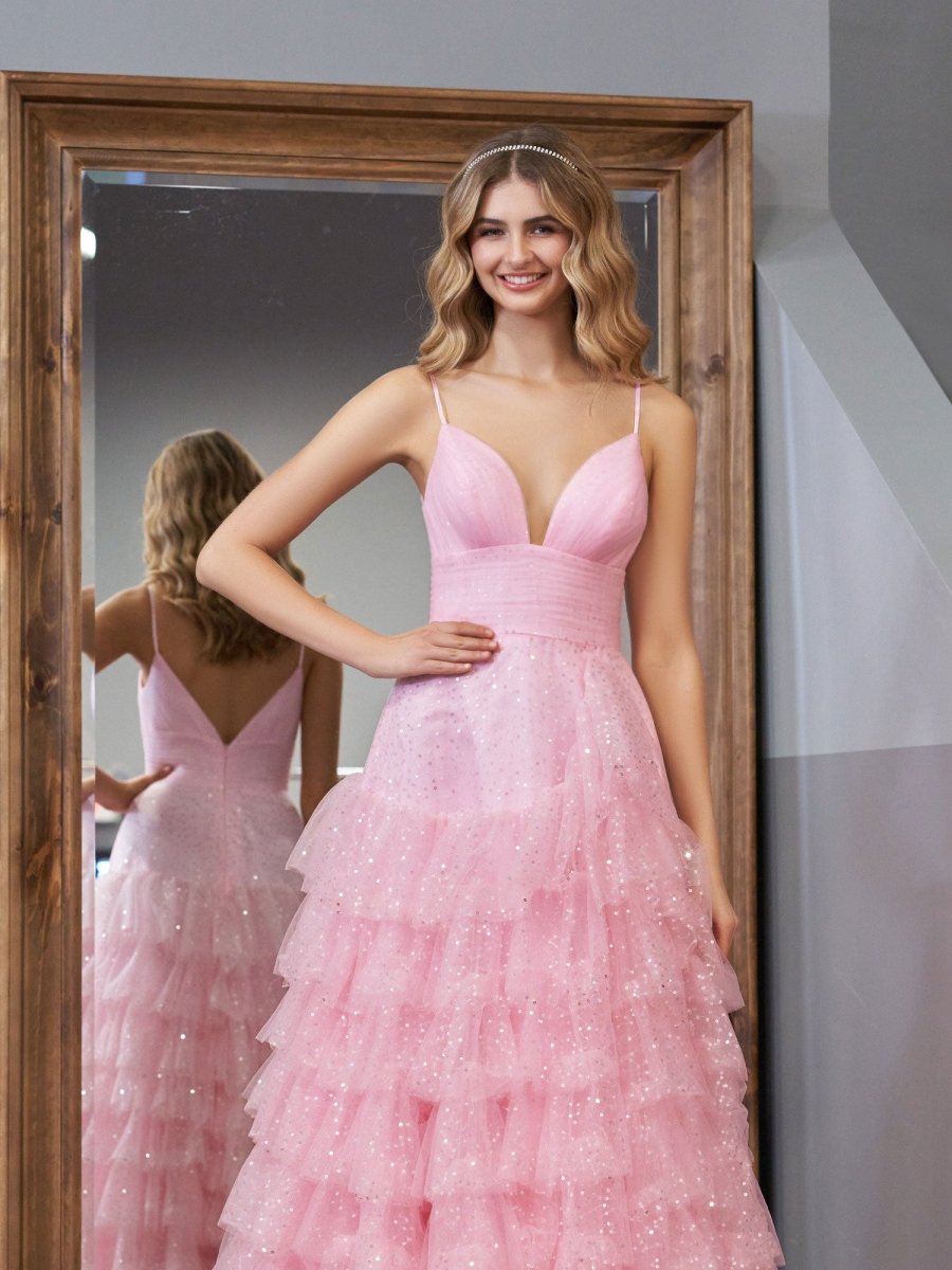 Alianna | Light Pink A-Line Tiered Spaghetti Straps Tulle Prom Dress