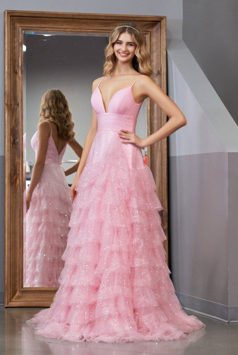 Alianna | Light Pink A-Line Tiered Spaghetti Straps Tulle Prom Dress