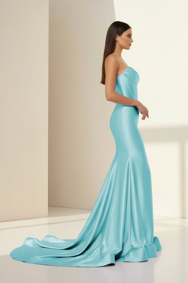 Alirae | Lavender - Strapless Mermaid Satin Pleated Long Formal Prom Dresses With Slit - KissProm