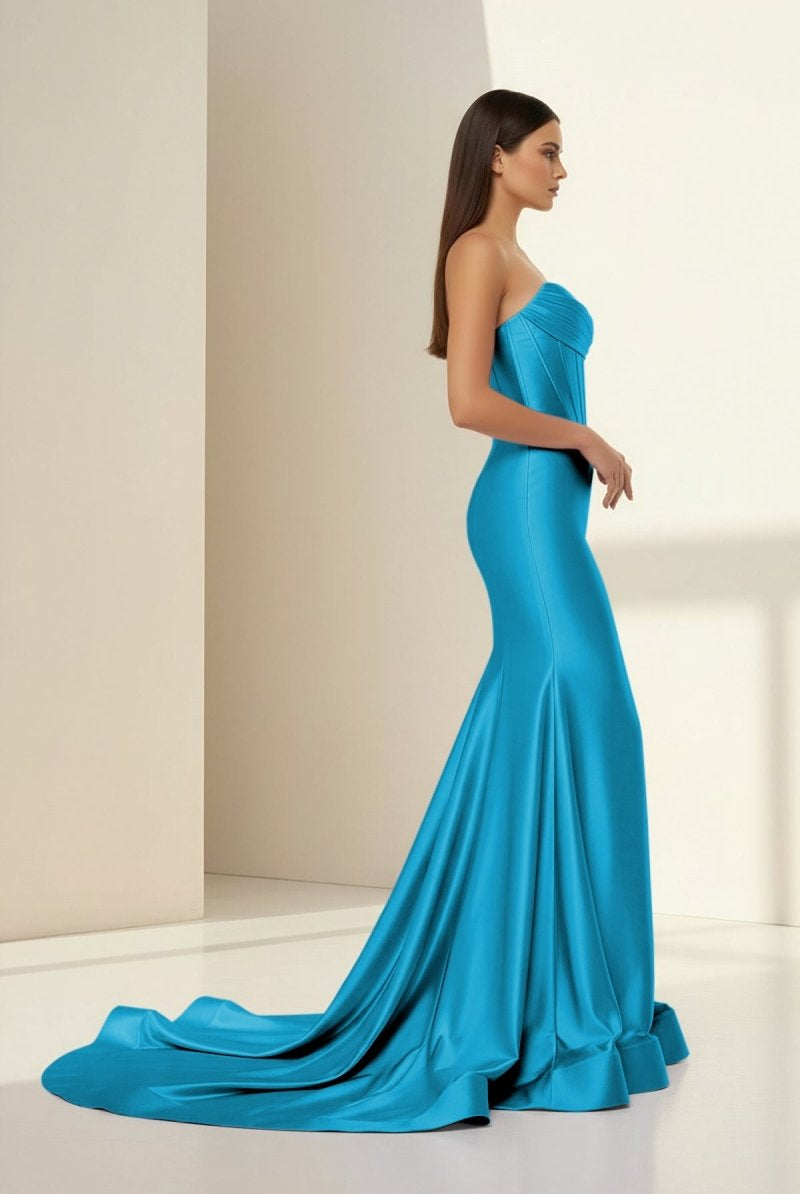 Alirae | Aqua- Strapless Mermaid Satin Pleated Long Formal Prom Dresses With Slit - KissProm