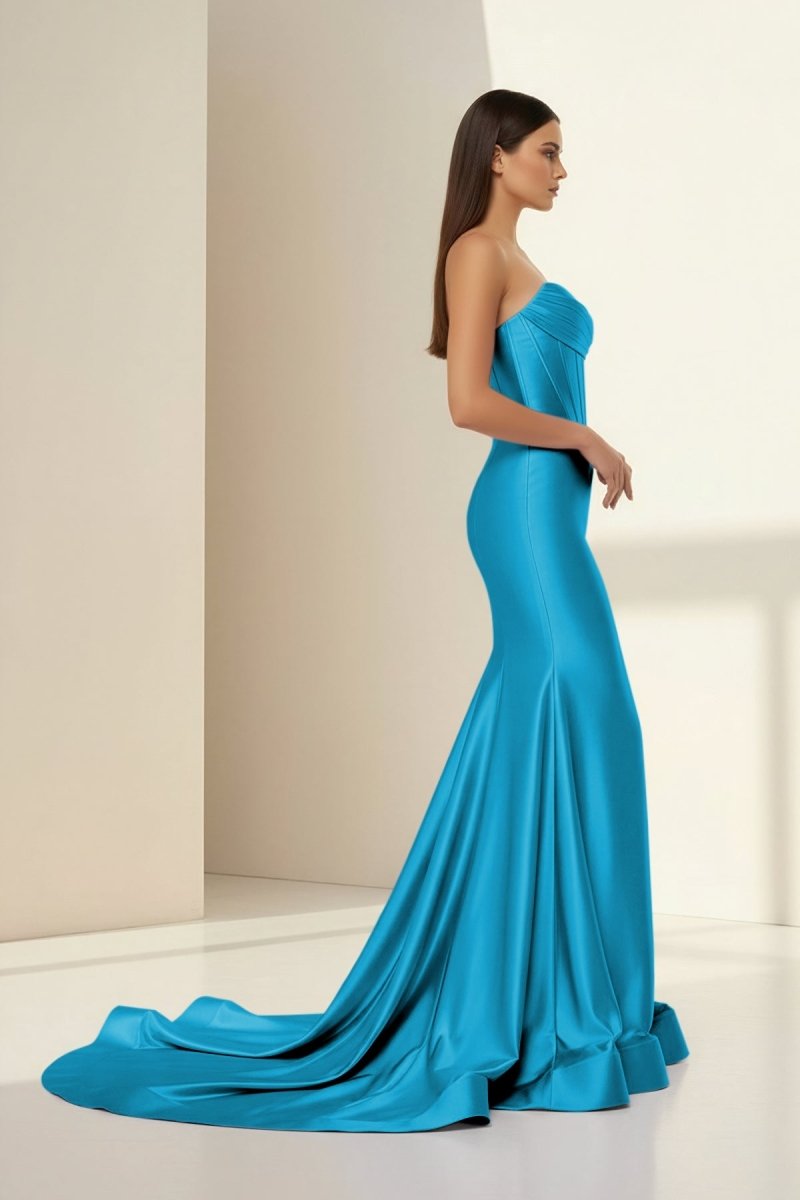 Alirae | Aqua- Strapless Mermaid Satin Pleated Long Formal Prom Dresses With Slit - KissProm
