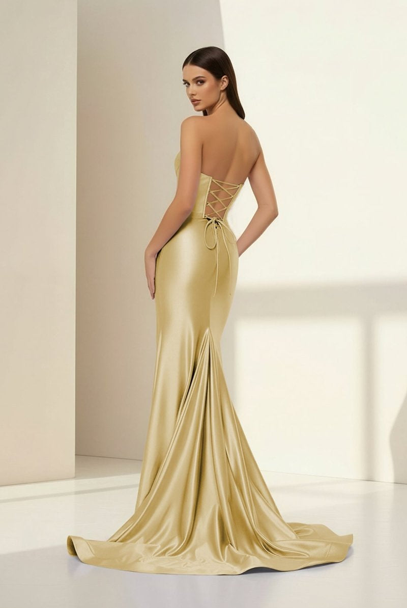 Alirae | Lavender - Strapless Mermaid Satin Pleated Long Formal Prom Dresses With Slit - KissProm