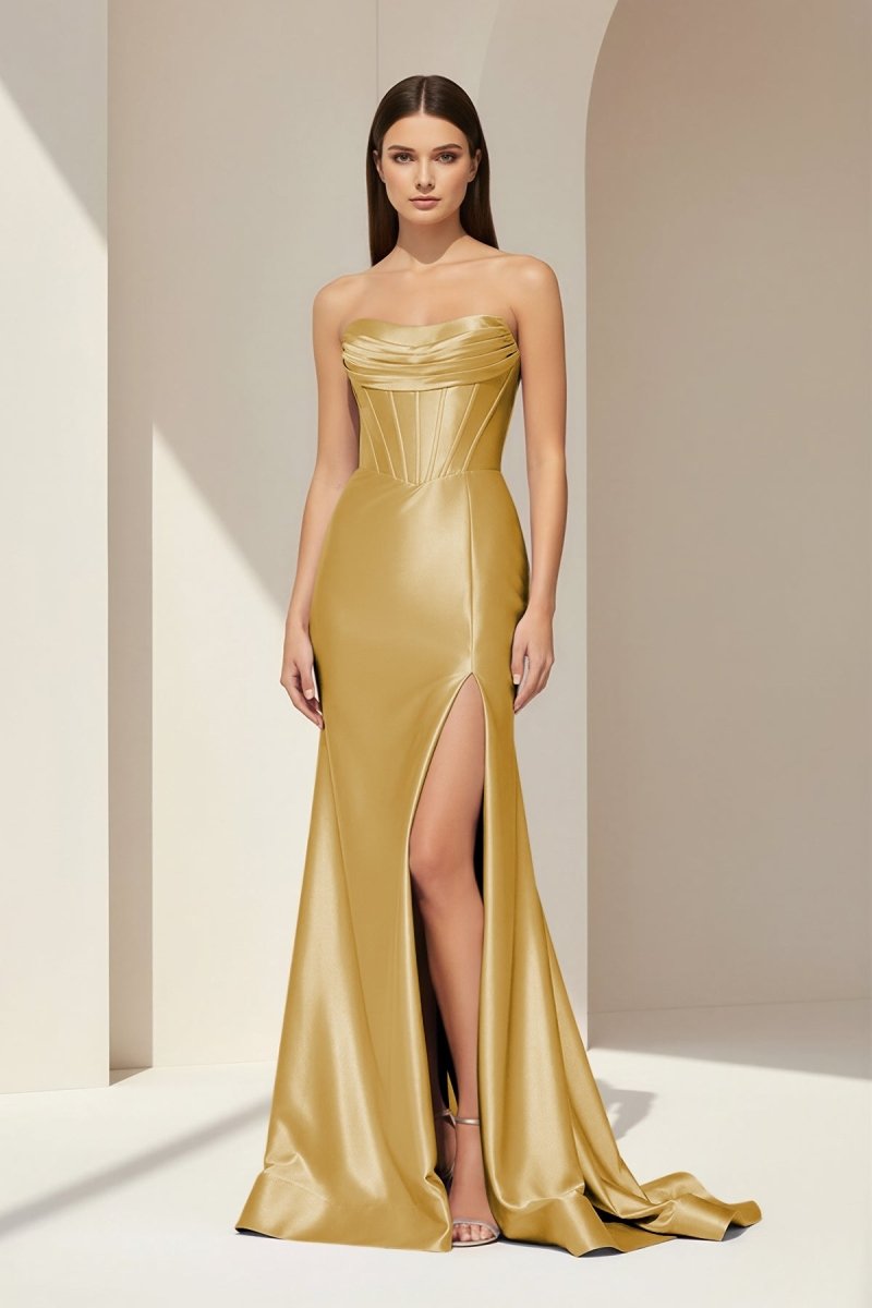 Alirae | Lavender - Strapless Mermaid Satin Pleated Long Formal Prom Dresses With Slit - KissProm