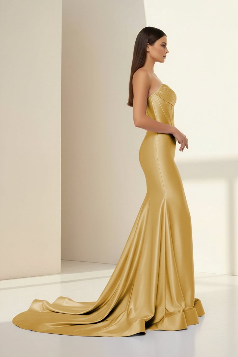 Alirae | Lavender - Strapless Mermaid Satin Pleated Long Formal Prom Dresses With Slit - KissProm