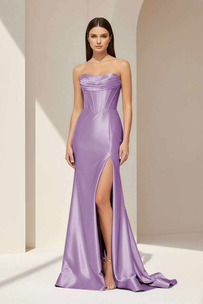 Alirae | Lavender - Strapless Mermaid Satin Pleated Long Formal Prom Dresses With Slit - KissProm