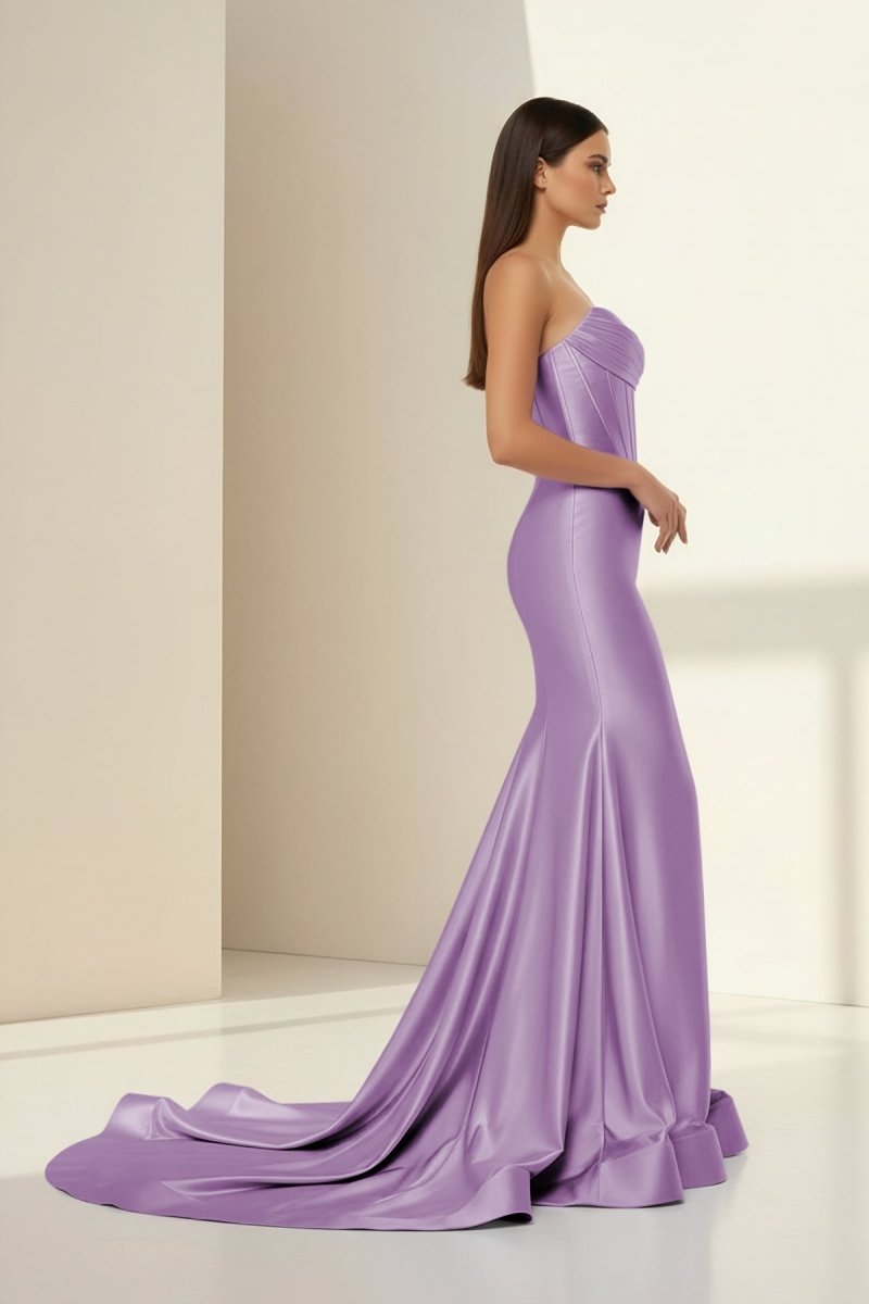 Alirae | Lavender - Strapless Mermaid Satin Pleated Long Formal Prom Dresses With Slit - KissProm
