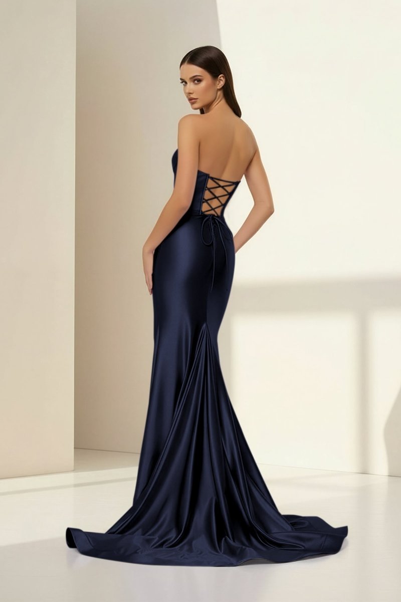 Alirae | Lavender - Strapless Mermaid Satin Pleated Long Formal Prom Dresses With Slit - KissProm