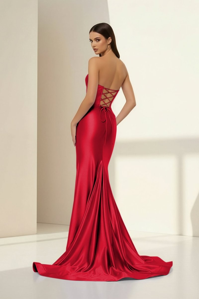 Alirae | Lavender - Strapless Mermaid Satin Pleated Long Formal Prom Dresses With Slit - KissProm