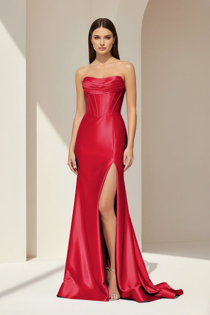 Alirae | Lavender - Strapless Mermaid Satin Pleated Long Formal Prom Dresses With Slit - KissProm