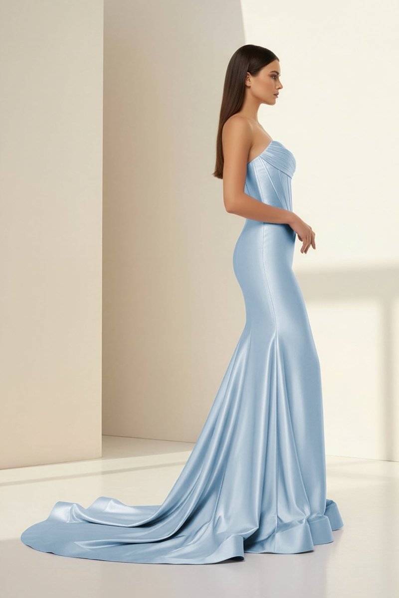 Alirae | Lavender - Strapless Mermaid Satin Pleated Long Formal Prom Dresses With Slit - KissProm