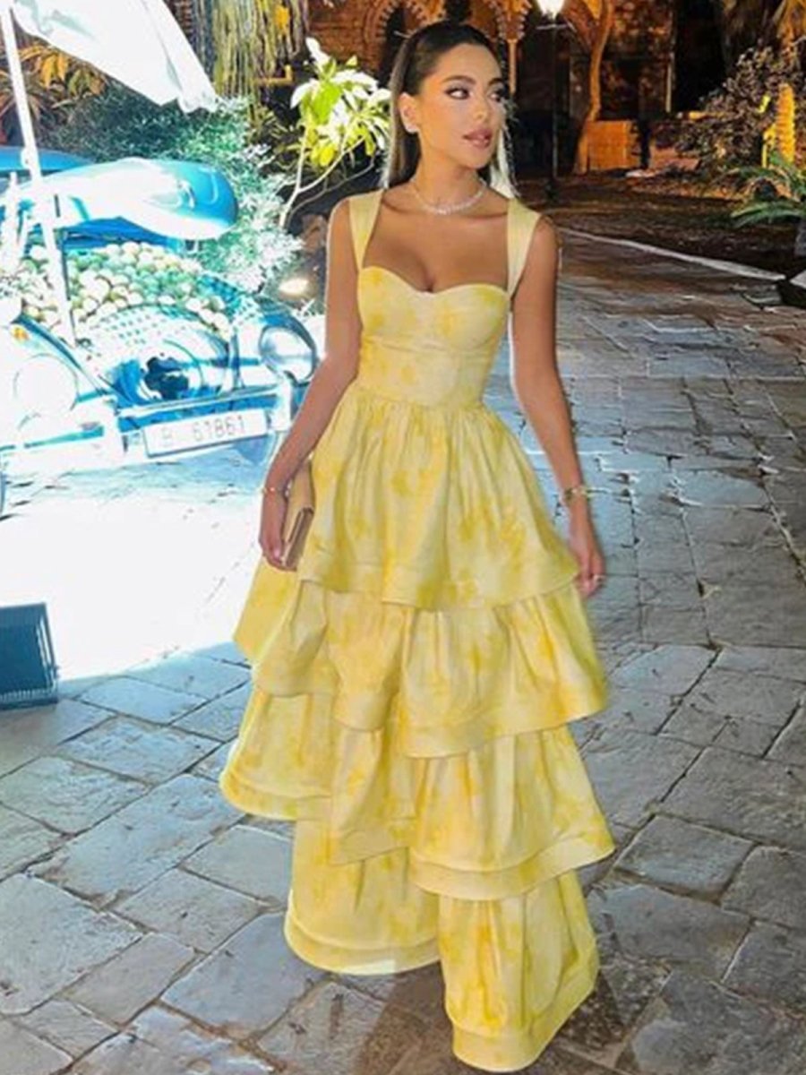 KissProm Pastel Yellow Ruffle Tiered A-Line Long Party Prom Dress, Yellow / 6