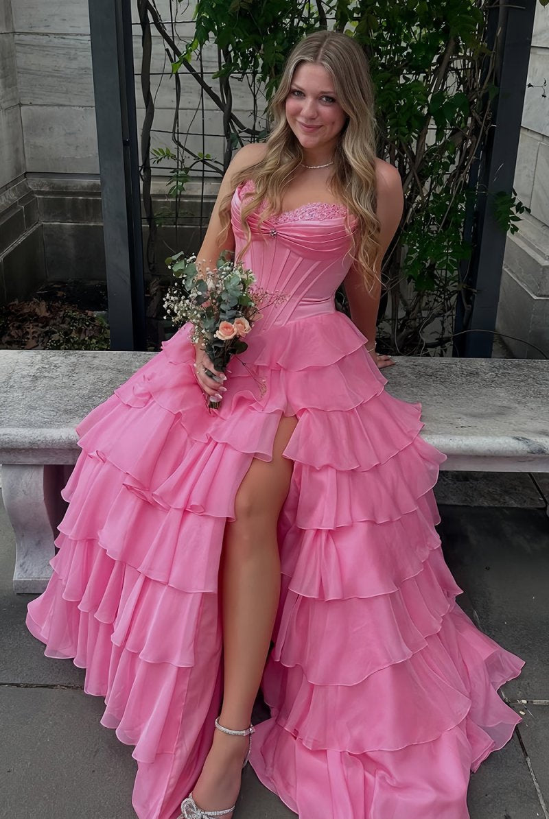 KissProm-Allinia Pink Sweetheart A Line Chiffon Ruffled Long Formal Prom Dresses With Beading