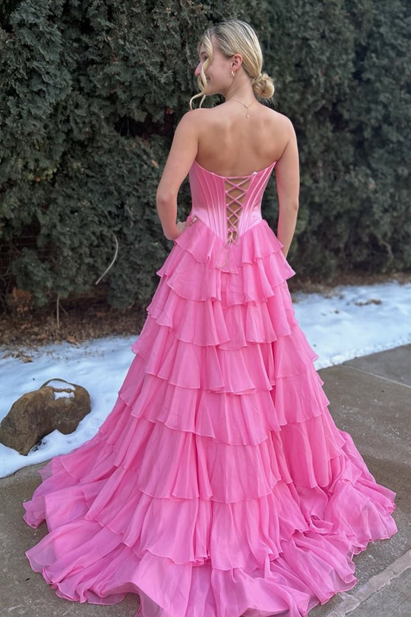 KissProm-Allinia Pink Sweetheart A Line Chiffon Ruffled Long Formal Prom Dresses With Beading