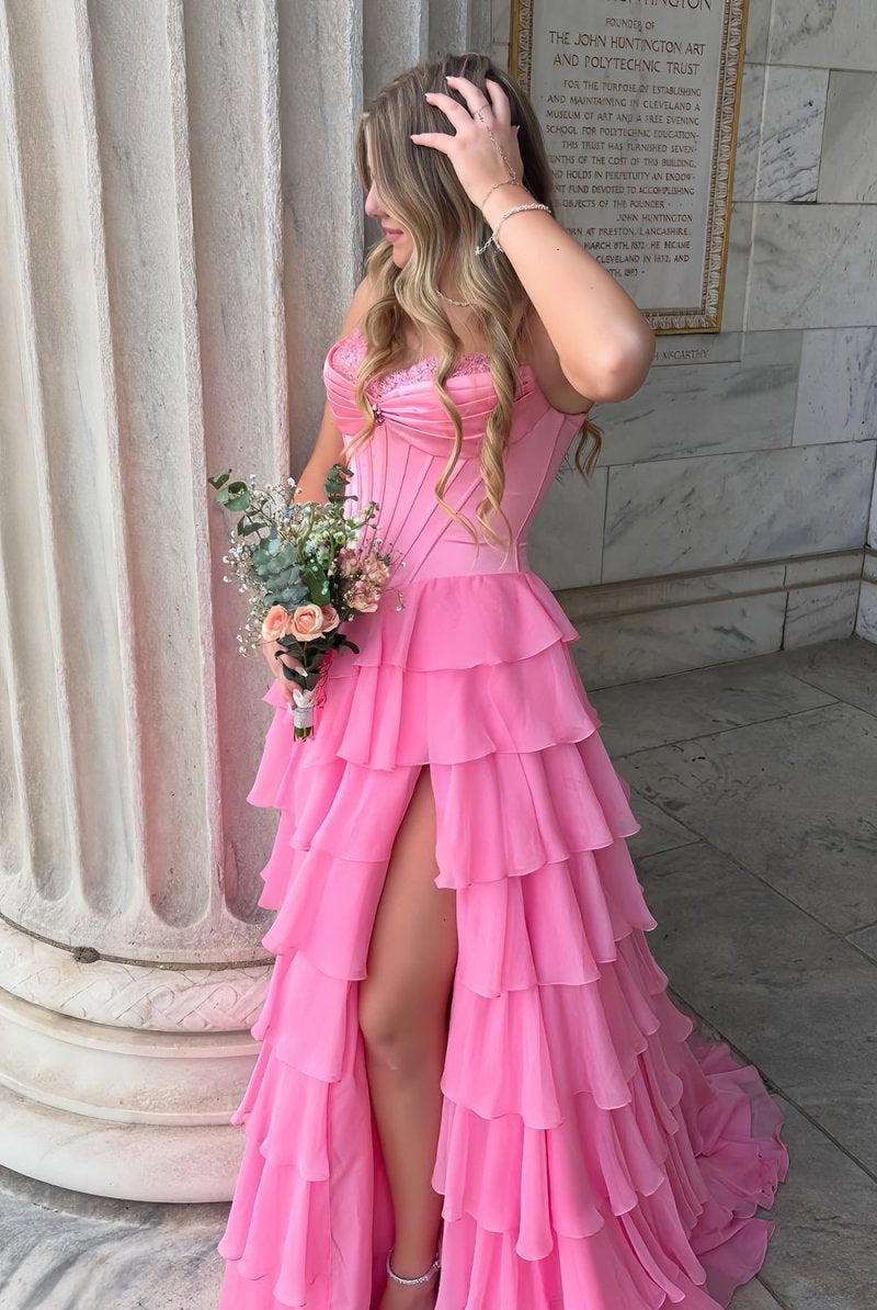 KissProm-Allinia Pink Sweetheart A Line Chiffon Ruffled Long Formal Prom Dresses With Beading