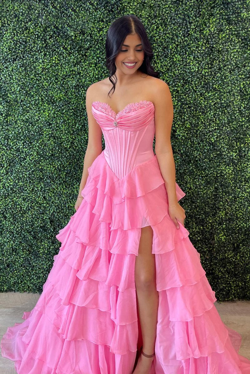 KissProm-Allinia Pink Sweetheart A Line Chiffon Ruffled Long Formal Prom Dresses With Beading