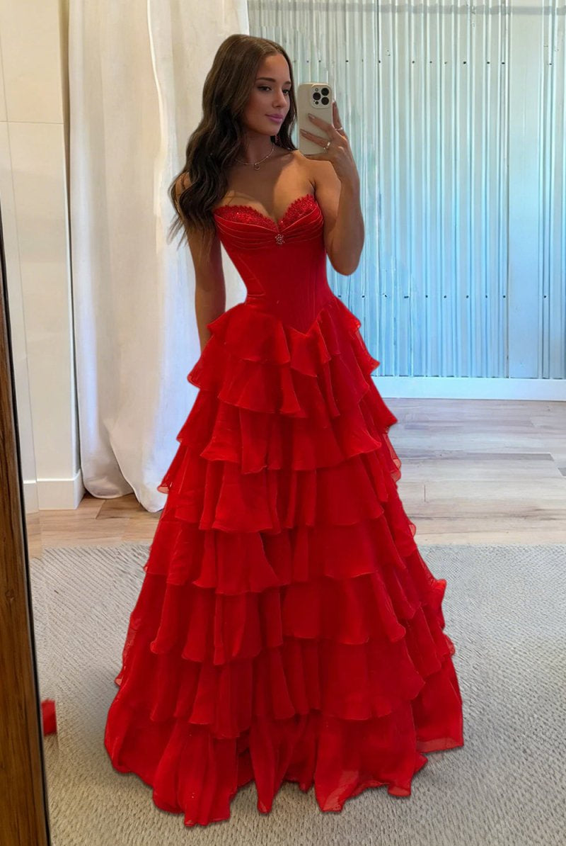 KissProm-Allinia Red Sweetheart A Line Chiffon Ruffled Long Formal Prom Dresses With Beading
