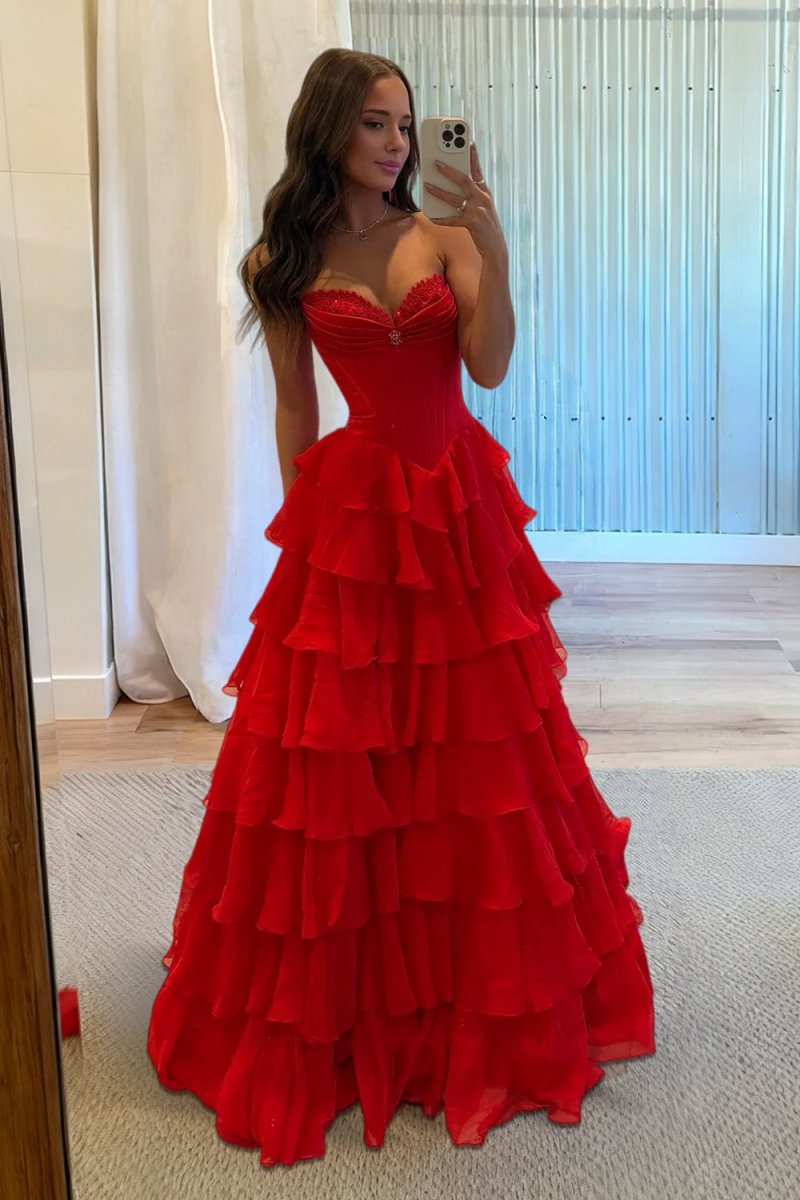 KissProm-Allinia Red Sweetheart A Line Chiffon Ruffled Long Formal Prom Dresses With Beading