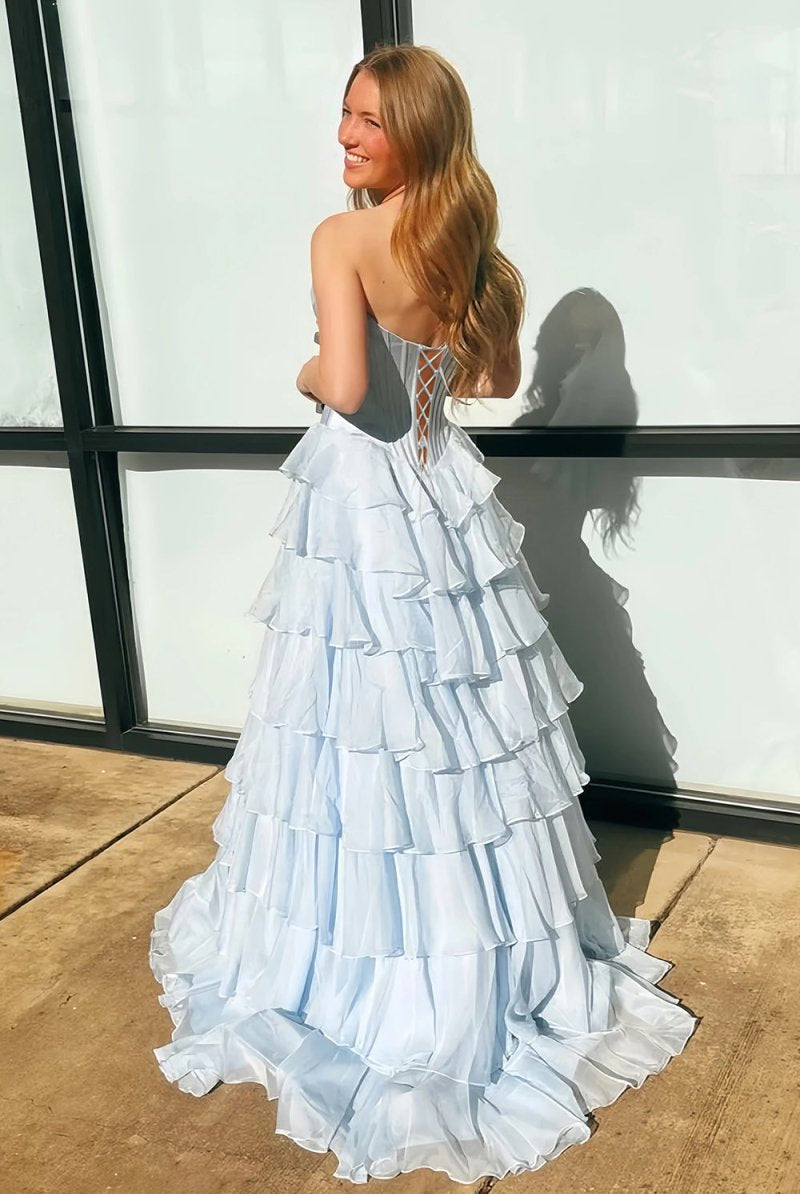 KissProm-Allinia Sky Blue Sweetheart A Line Chiffon Ruffled Long Formal Prom Dresses With Beading