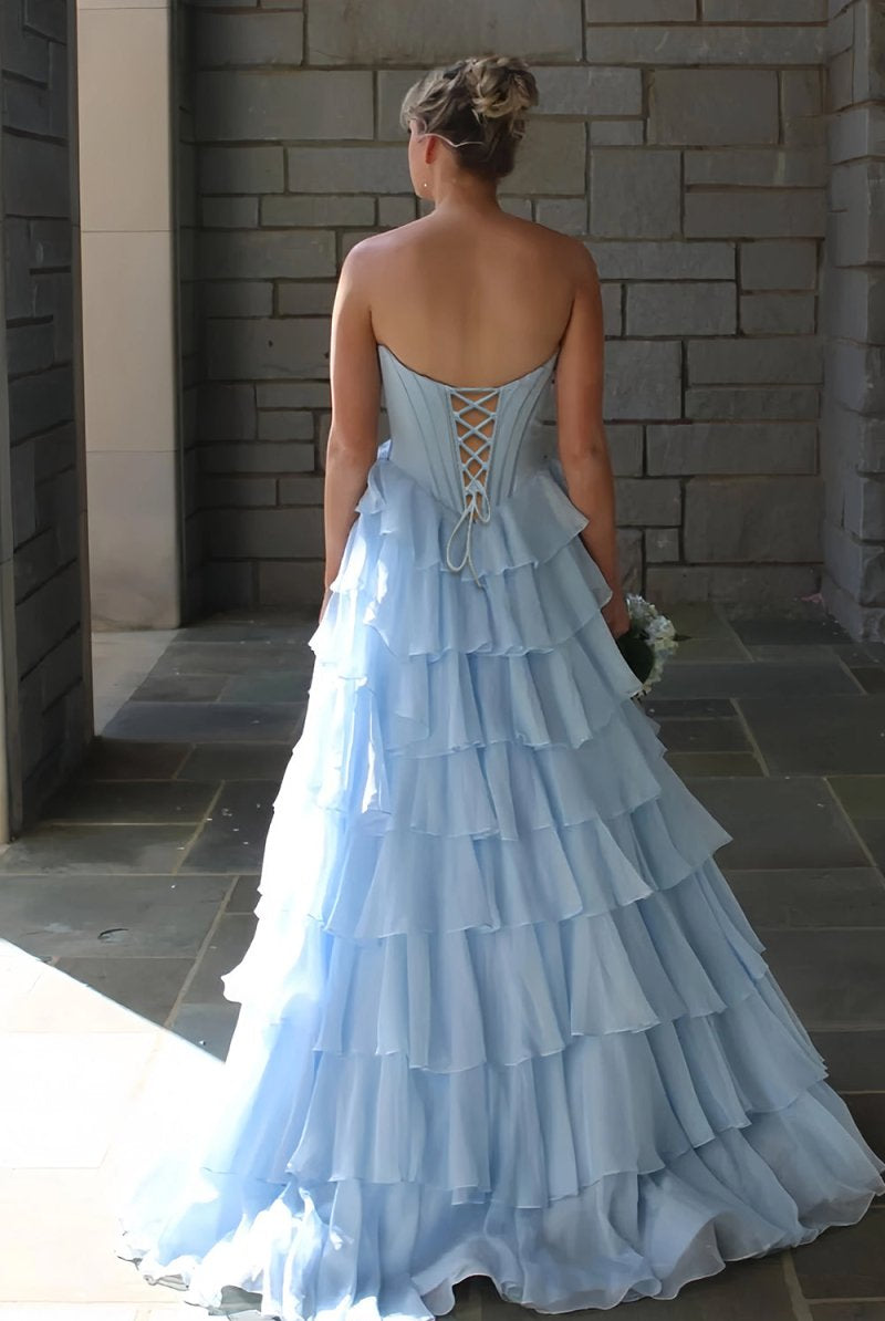 KissProm-Allinia Sky Blue Sweetheart A Line Chiffon Ruffled Long Formal Prom Dresses With Beading
