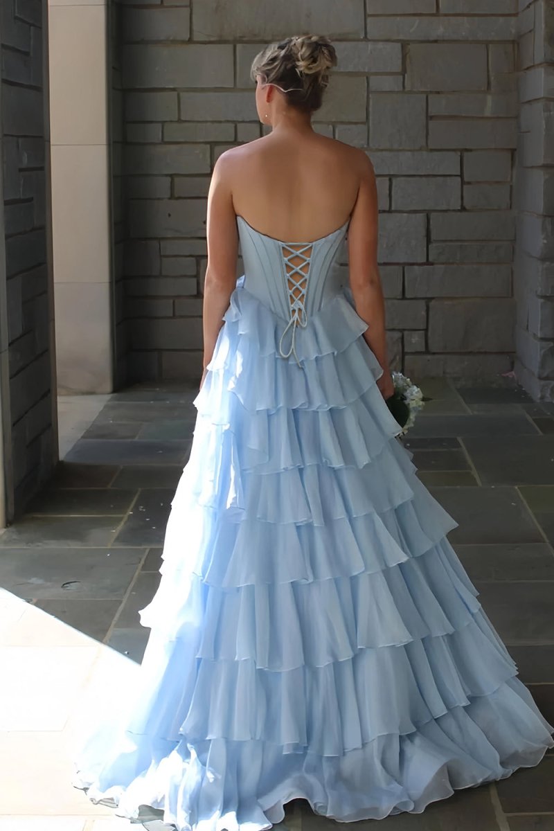 KissProm-Allinia Sky Blue Sweetheart A Line Chiffon Ruffled Long Formal Prom Dresses With Beading