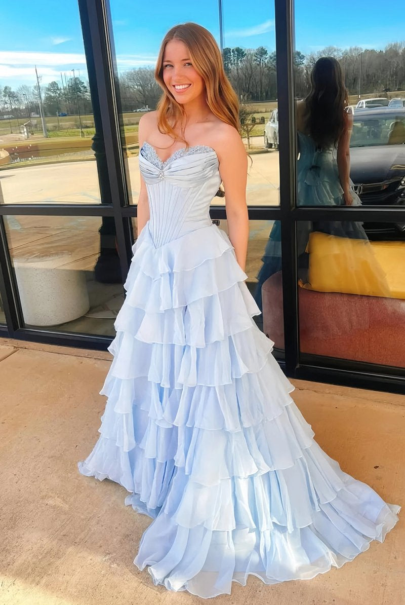 KissProm-Allinia Sky Blue Sweetheart A Line Chiffon Ruffled Long Formal Prom Dresses With Beading