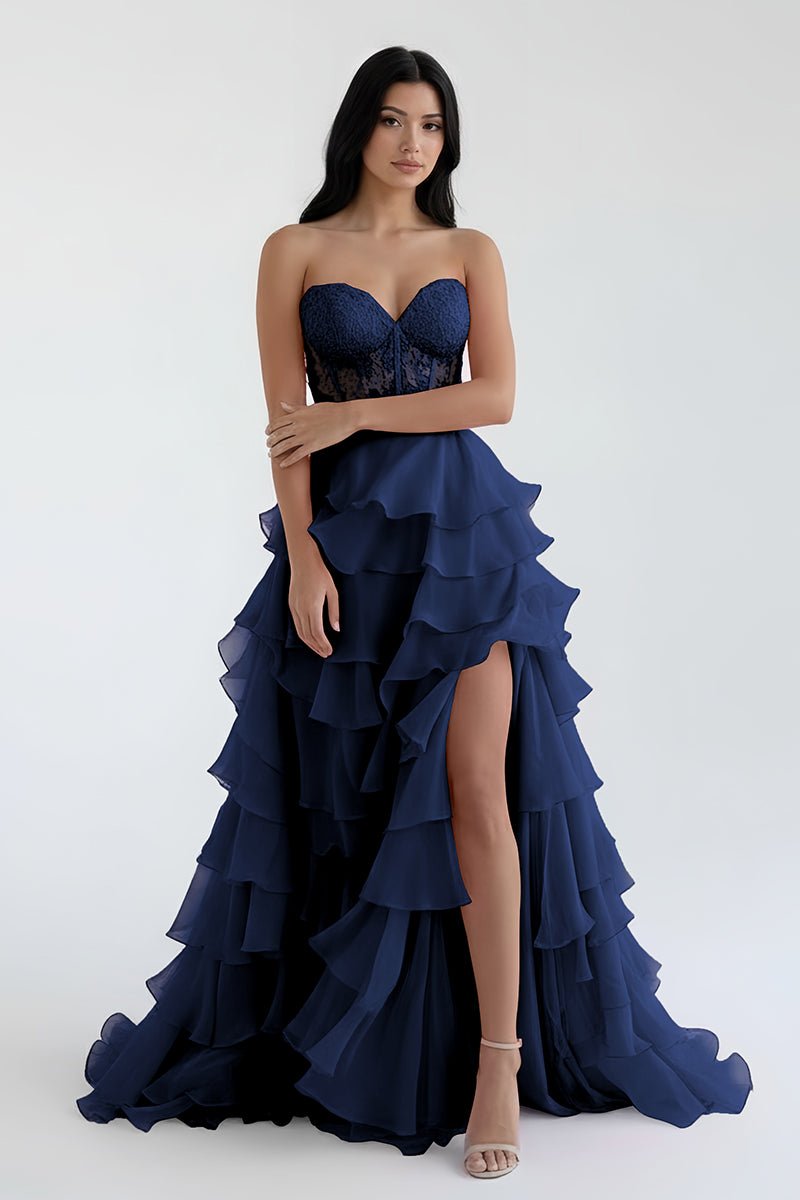 Alondra | Royal Blue Chiffon Sweetheart Ruffle Tiered Long Prom Dress - KissProm