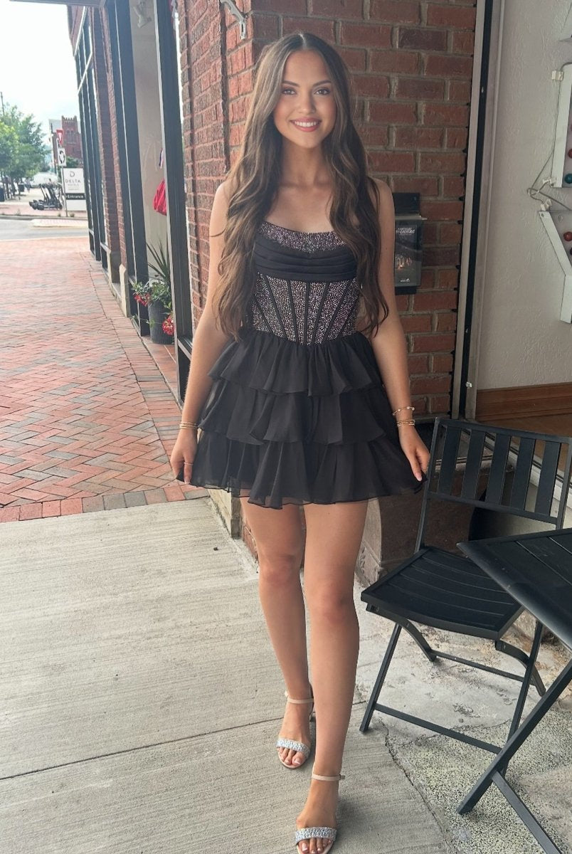 Amica | Black - Strapless A Line Chiffon Beaded Homecoming Dress With Ruffles