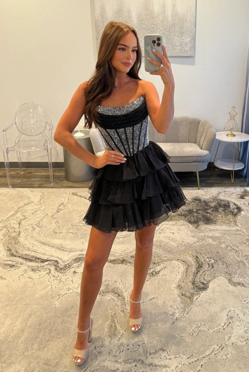 Amica | Black - Strapless A Line Chiffon Beaded Homecoming Dress With Ruffles