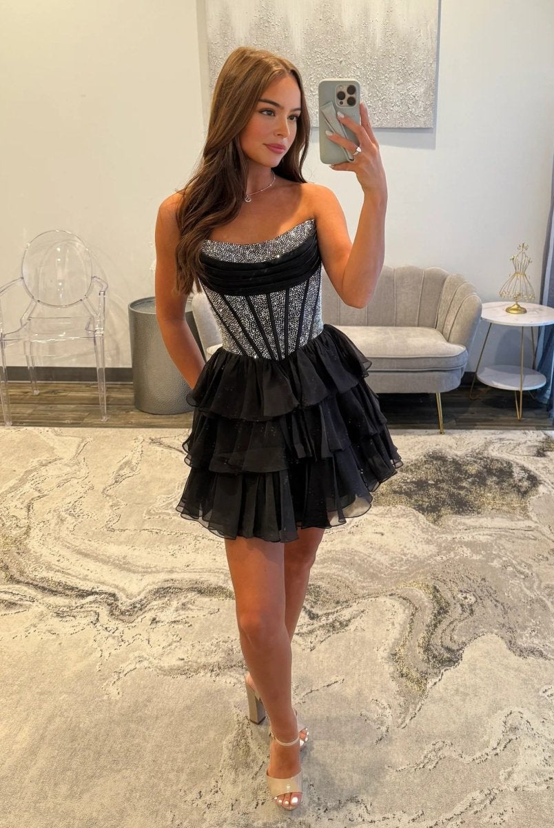 Amica | Black - Strapless A Line Chiffon Beaded Homecoming Dress With Ruffles