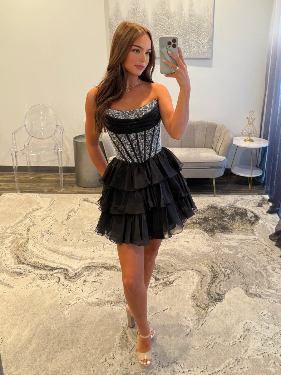 Amica | Black - Strapless A Line Chiffon Beaded Homecoming Dress With Ruffles