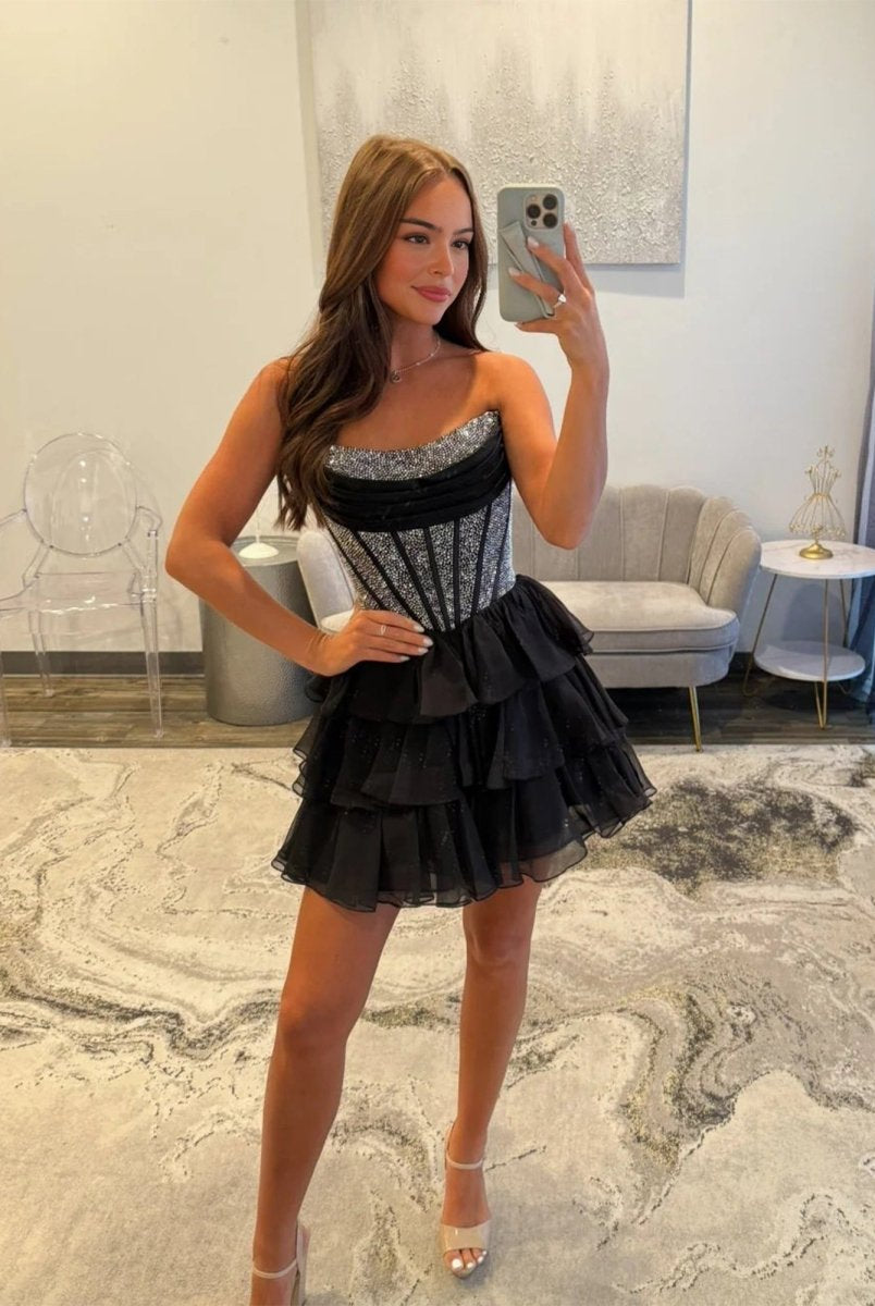 Amica | Black - Strapless A Line Chiffon Beaded Homecoming Dress With Ruffles