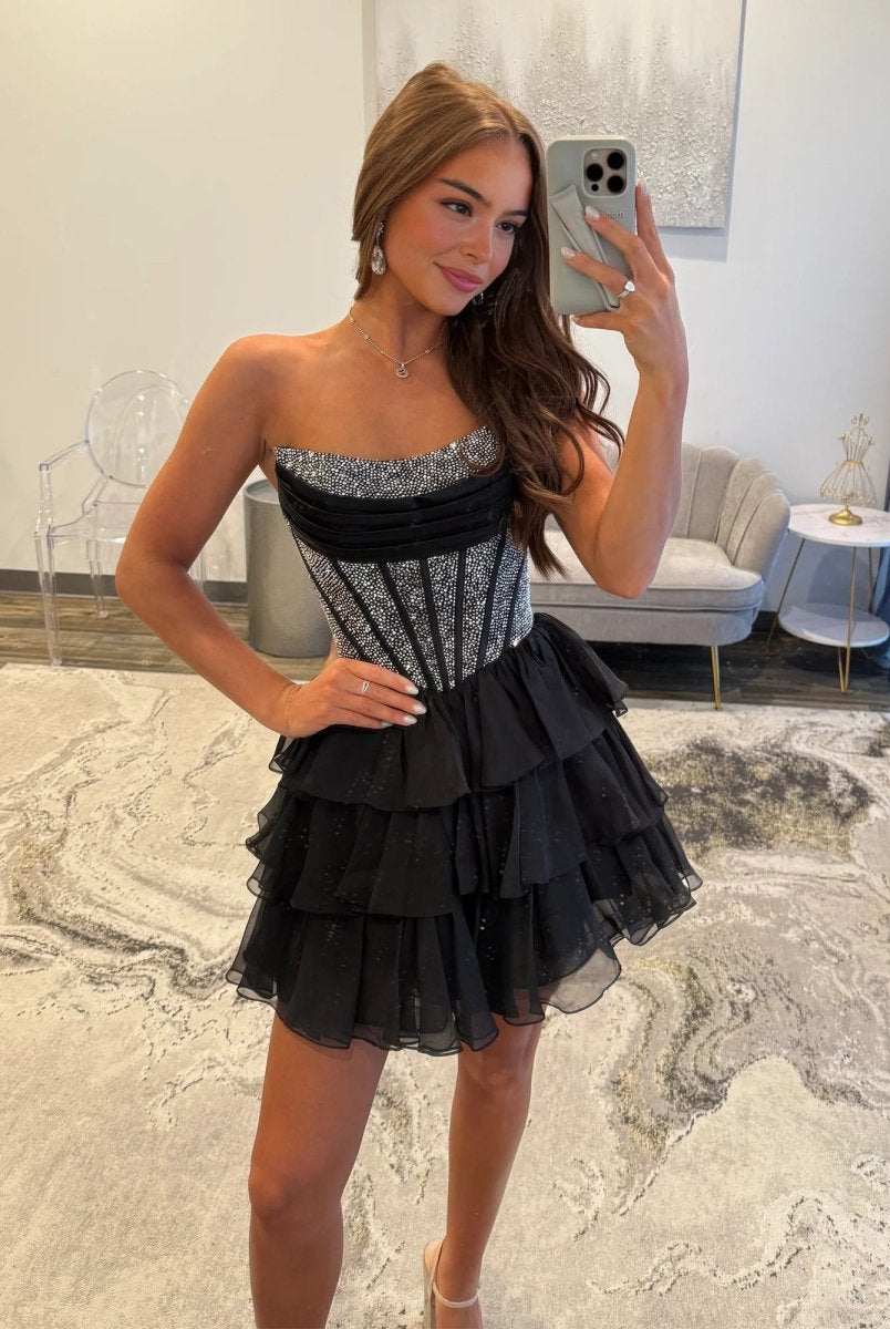 Amica | Black - Strapless A Line Chiffon Beaded Homecoming Dress With Ruffles