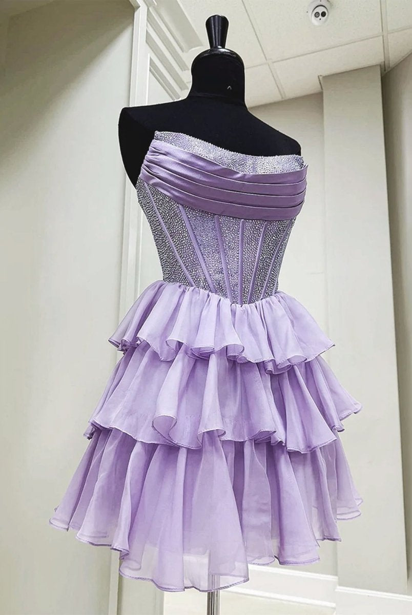 Amica | Lilac - Strapless A Line Chiffon Beaded Homecoming Dress With Ruffles