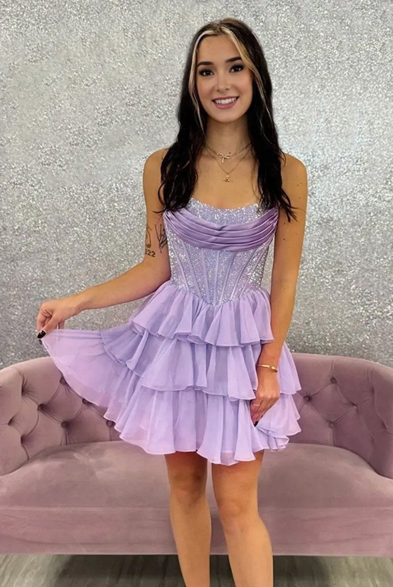 Amica | Lilac - Strapless A Line Chiffon Beaded Homecoming Dress With Ruffles