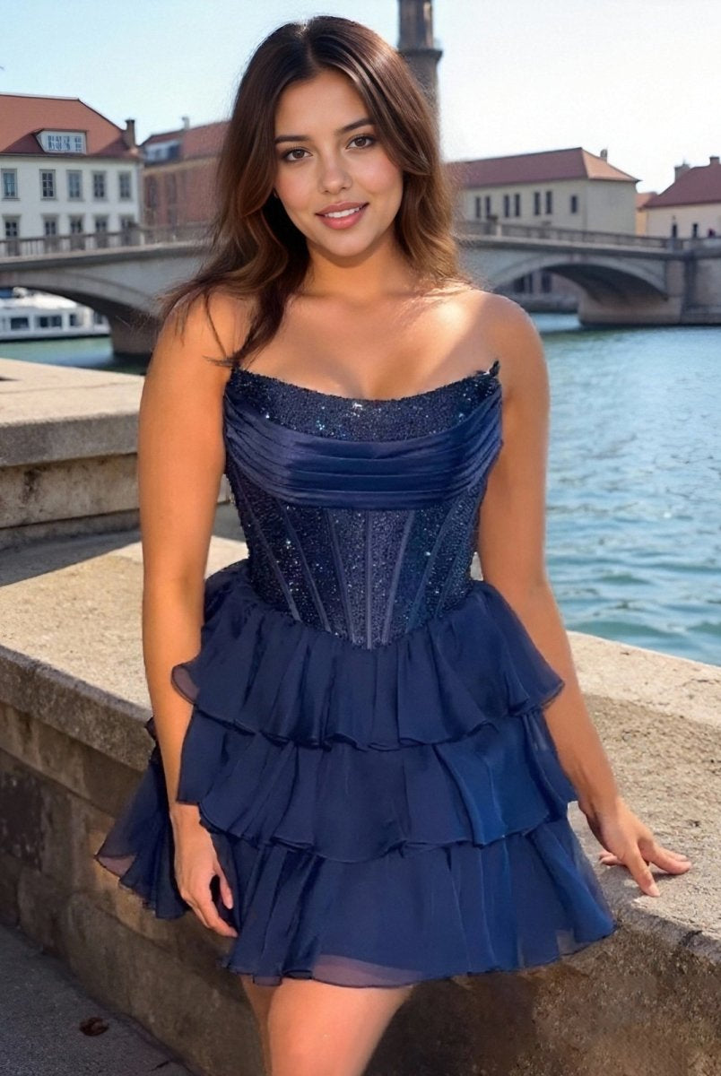 Amica | Navy Blue - Strapless A Line Chiffon Beaded Homecoming Dress With Ruffles